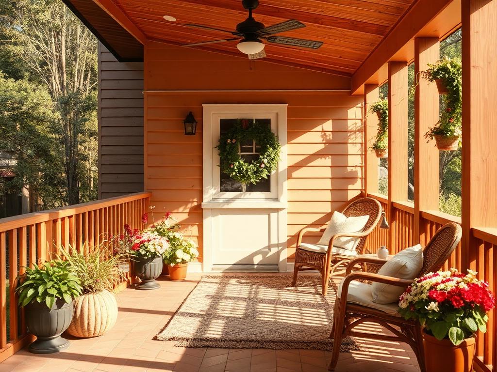 Patriotic deck lounge with solar lantern, navy seating, and American flag planter