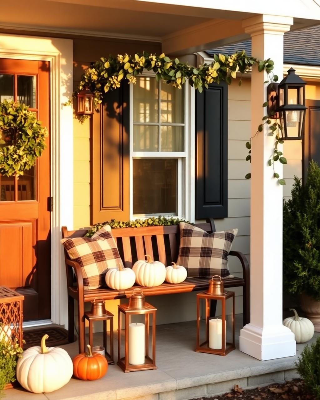 Autumn porch with copper lanterns and white pumpkins
