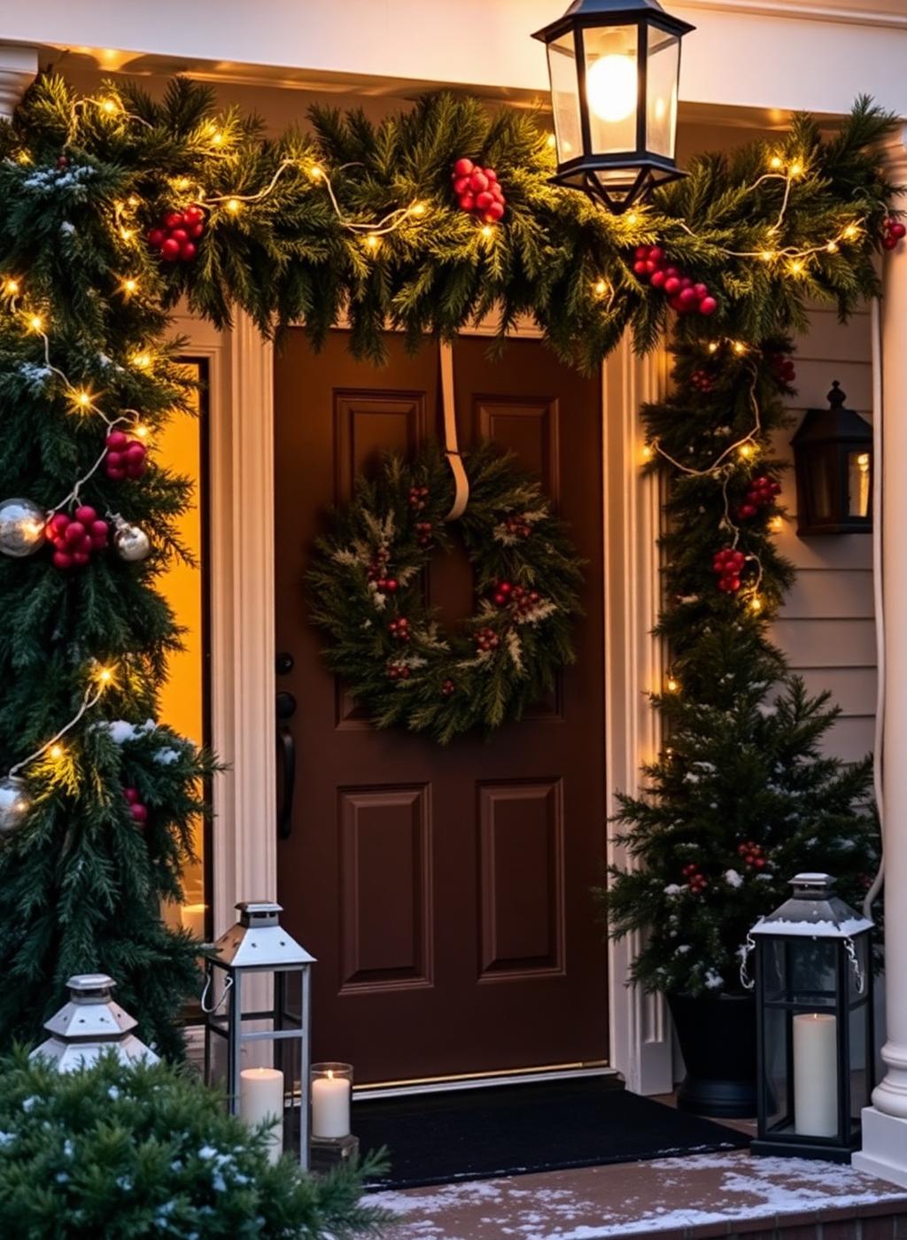 Cozy winter porch with garland and string lights