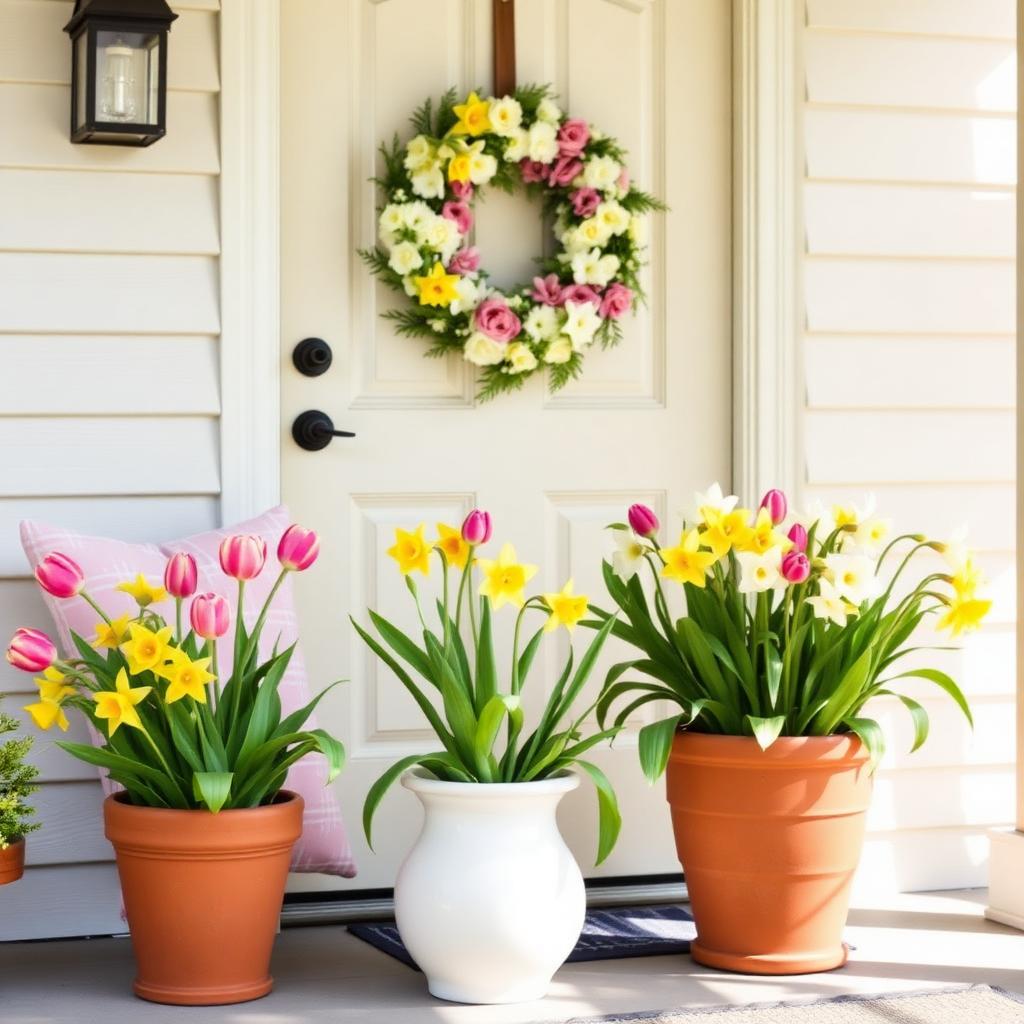 Spring porch with tulips and floral wreath