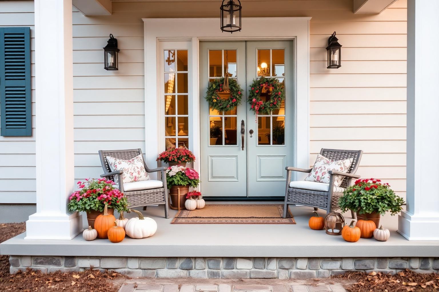 A beautifully styled Michigan porch with seasonal decor